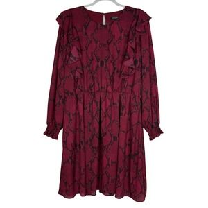 Banana Republic Dress Women XL Maroon Black Snake Print Long Sleeve Ruffle Lined